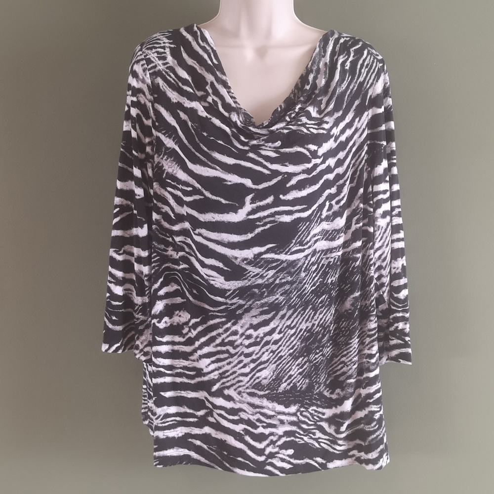 Chico's Zebra Print Cowl Neck 3/4 Sleeve Fashion Top Sz 3 Fits Like L or XL